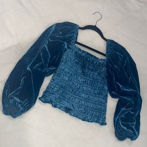 Velvet Teal Puff Sleeve Blouse